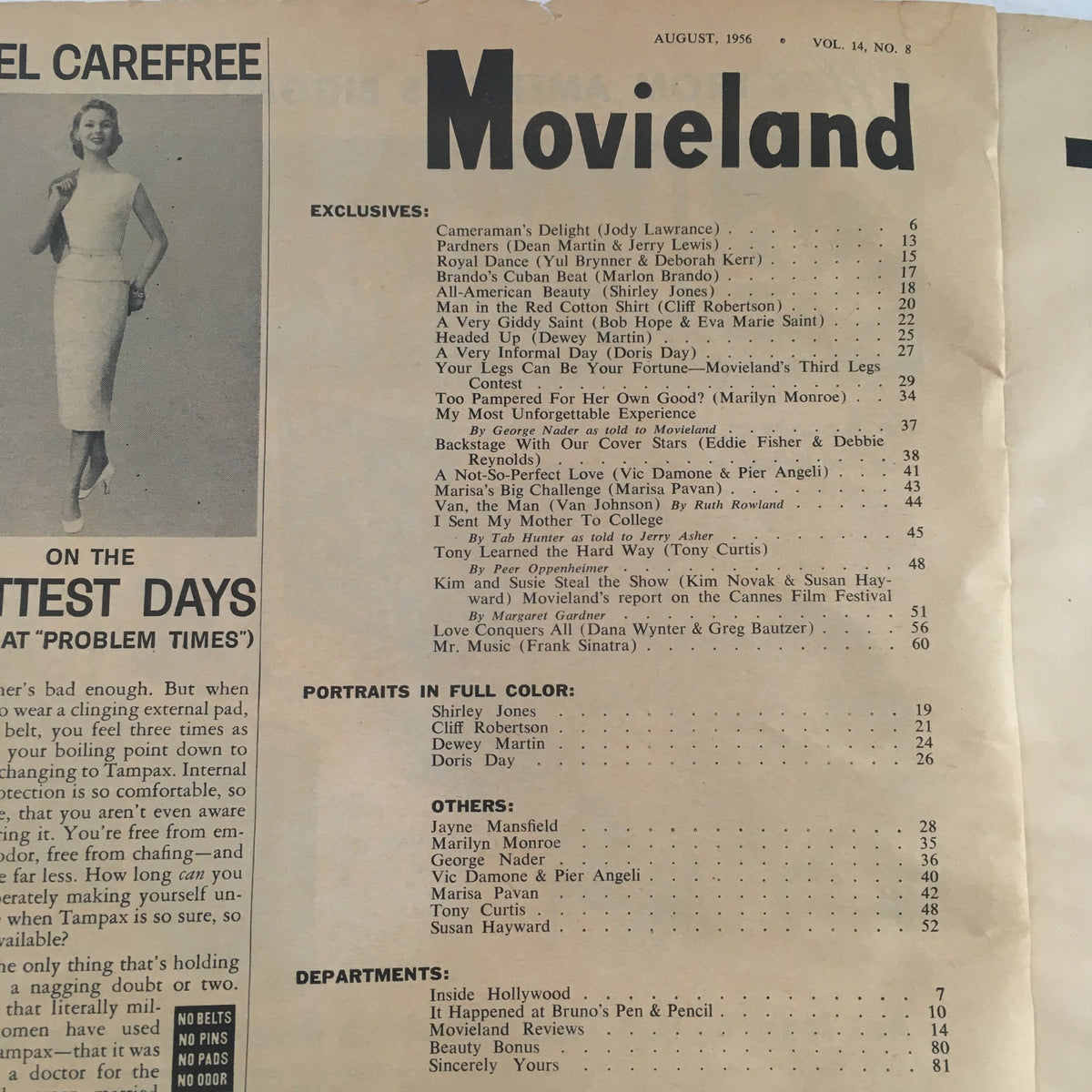 Detailed view of the VTG Movieland magazine from August 1956 featuring iconic stars like Shirley Jones, Cliff Robertson, and Doris Day. The magazine includes various articles and portraits in color, showcasing classic cinema and Hollywood glamour.