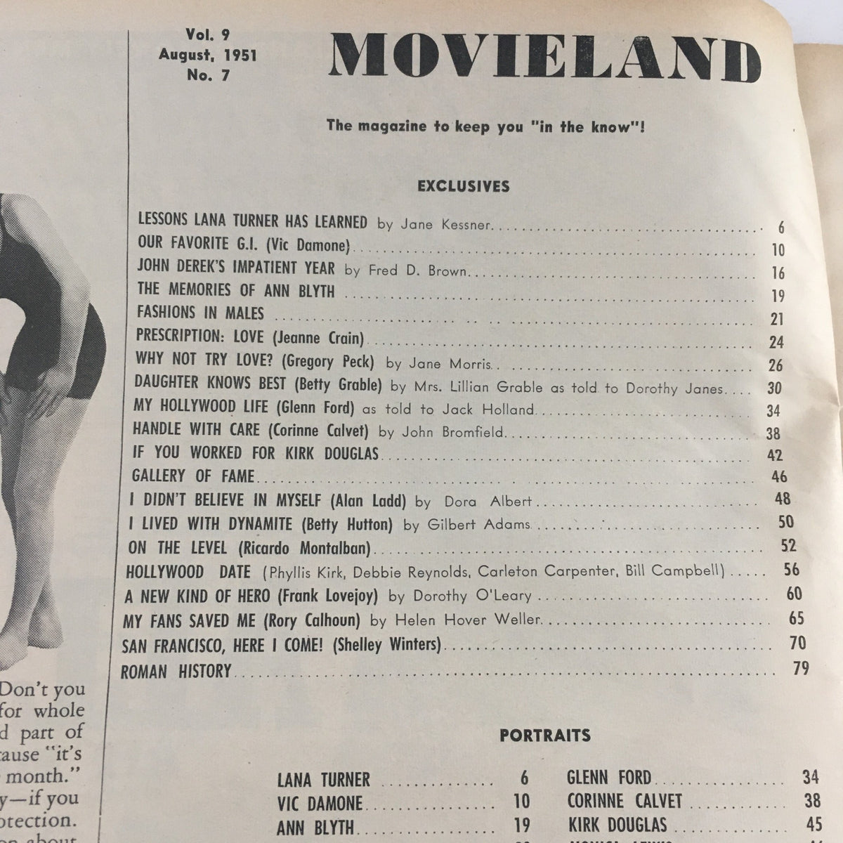 Inside page of VTG Movieland August 1951 showing the table of contents, detailing various articles and features, including contributions from Lana Turner and Glenn Ford.