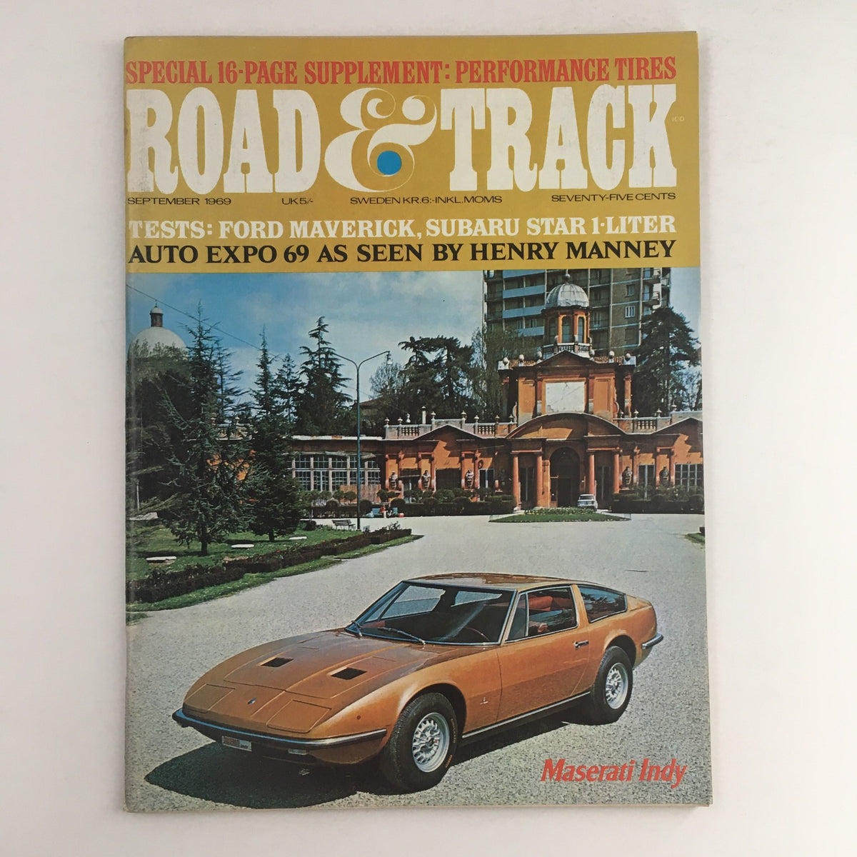 September 1969 issue of Road & Track Magazine featuring Ford Maverick and Maserati Indy on the cover, showcasing stunning automotive photography and vintage design.