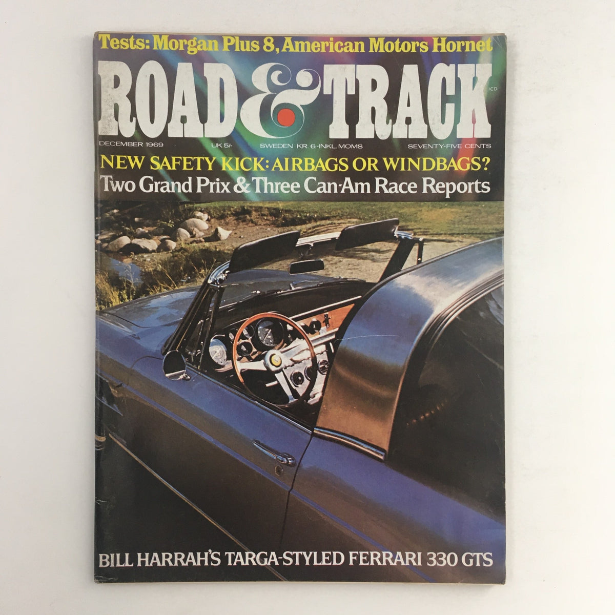 Cover of Road & Track Magazine December 1969 featuring a Targa-Styled Ferrari 330 GTS, showcasing automotive design and performance.
