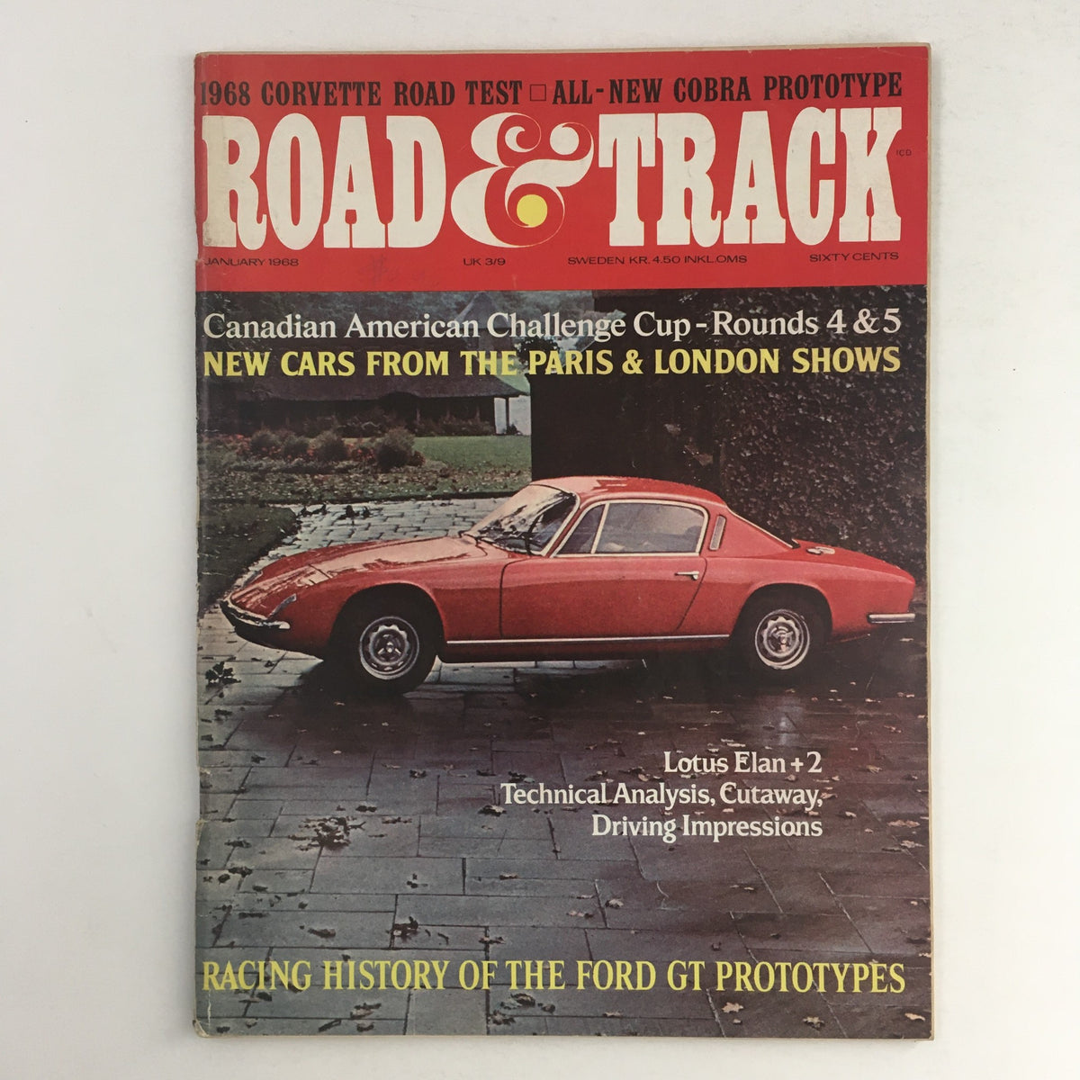 Cover of Road & Track Magazine January 1968 featuring the Racing History of Ford GT, showcasing a Lotus Elan car and details about automotive events.