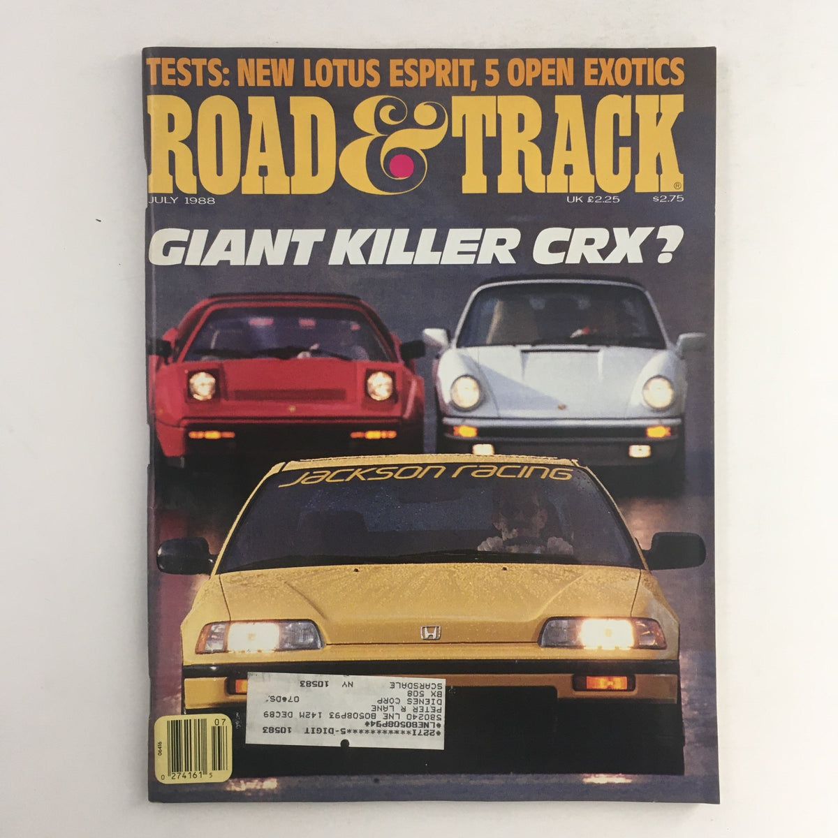 Road & Track Magazine July 1988 issue featuring the Lotus Esprit and a yellow Honda CRX on the cover, showcasing tests of five open exotic sports cars, perfect for collectors.