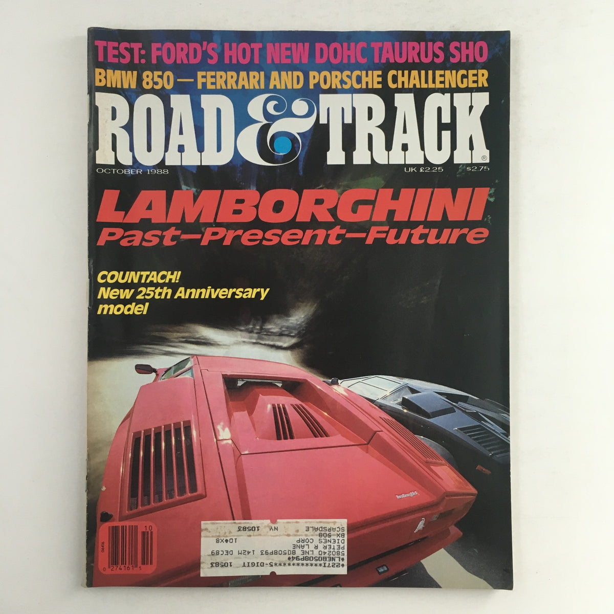 Road & Track Magazine October 1988 featuring Lamborghini Past-Present-Future on the cover, showcasing a red Lamborghini Countach with sleek designs and automotive insights.