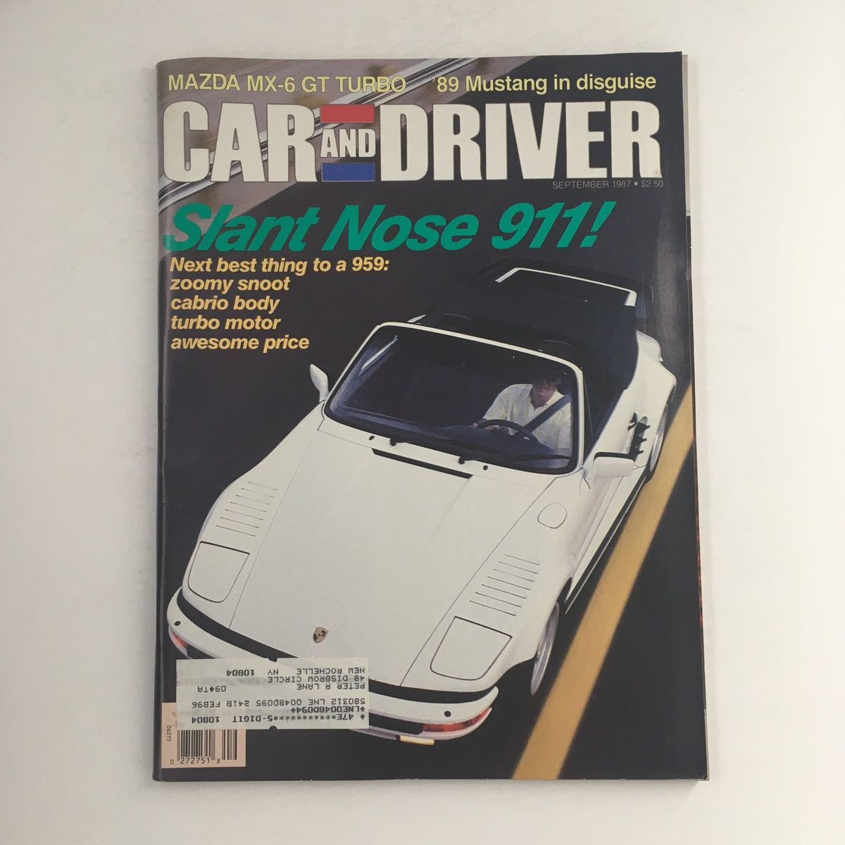Cover of Car & Driver Magazine from September 1987 featuring the Slant Nose Porsche 911 and Mazda MX-6 GT Turbo, highlighting vintage automotive culture with a focus on sports cars and turbocharged sedans.