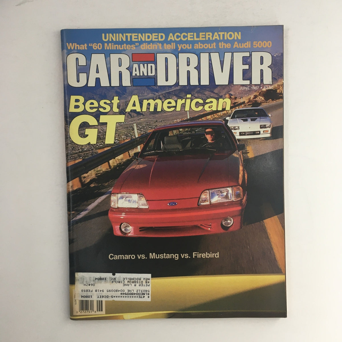 Car & Driver Magazine June 1987 cover featuring a comparison of the Camaro, Mustang, and Firebird with the title 'Best American GT'.
