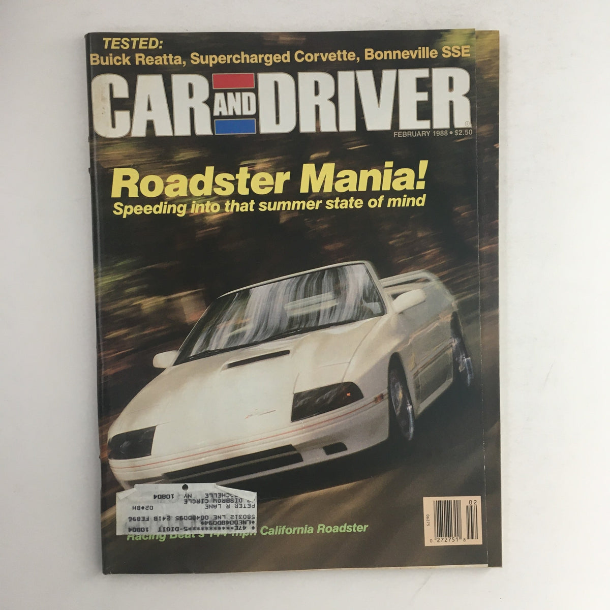 Cover of Car & Driver Magazine from February 1988 featuring the California Roadster, an article on Roadster Mania, and highlights on the Buick Reatta and Supercharged Corvette.