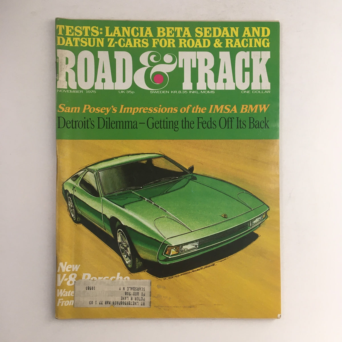 Cover of Road & Track Magazine from November 1975 featuring Lancia Beta Sedan and Datsun Z-Cars, showcasing a green car illustration and key articles.