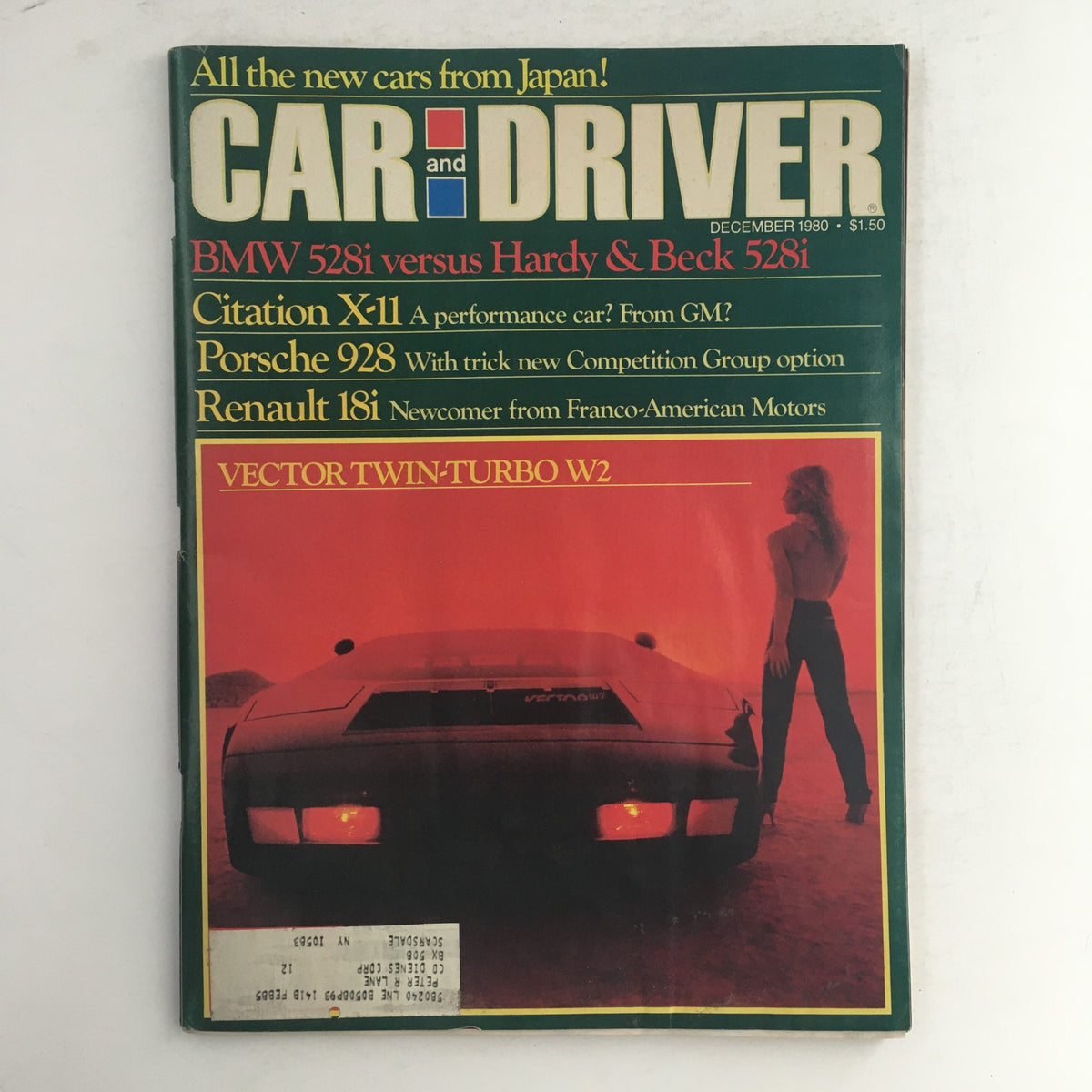 Cover of Car & Driver Magazine from December 1980 featuring the Vector Twin-Turbo W2 and BMW 528i, highlighting automotive innovation and classic car culture.