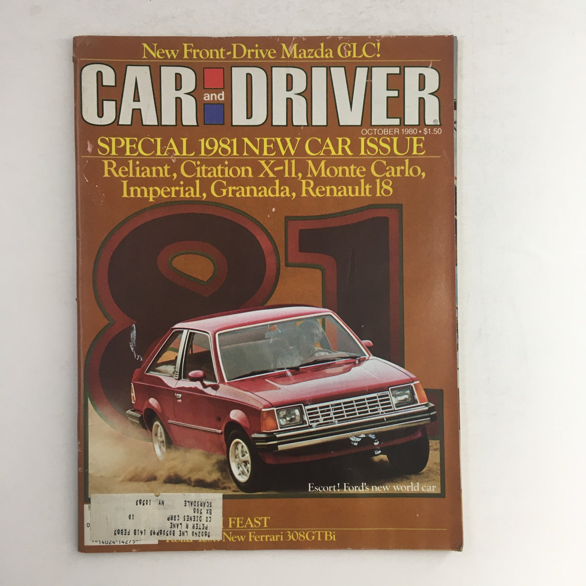 Car & Driver Magazine October 1980 issue featuring Ford Escort, Citation X-11, and Renault 18 on the cover with a red car in motion.