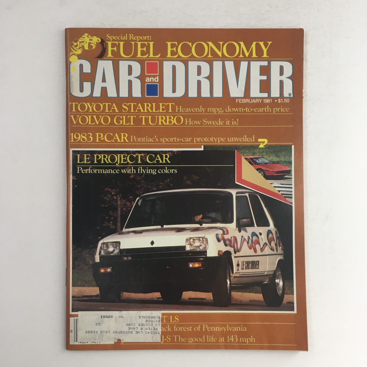 February 1981 issue of Car & Driver magazine featuring the LE Project Car and Toyota Starlet, showcasing articles on fuel economy and automotive design.
