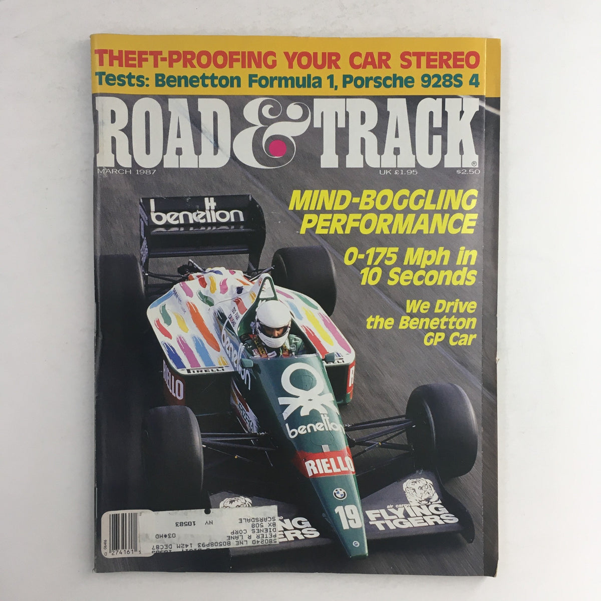 Road & Track Magazine March 1987 featuring the Benetton GP Car on its cover, highlighting its mind-boggling performance with the tagline '0-175 Mph in 10 Seconds.' This vintage magazine is an essential collectible for automotive enthusiasts.
