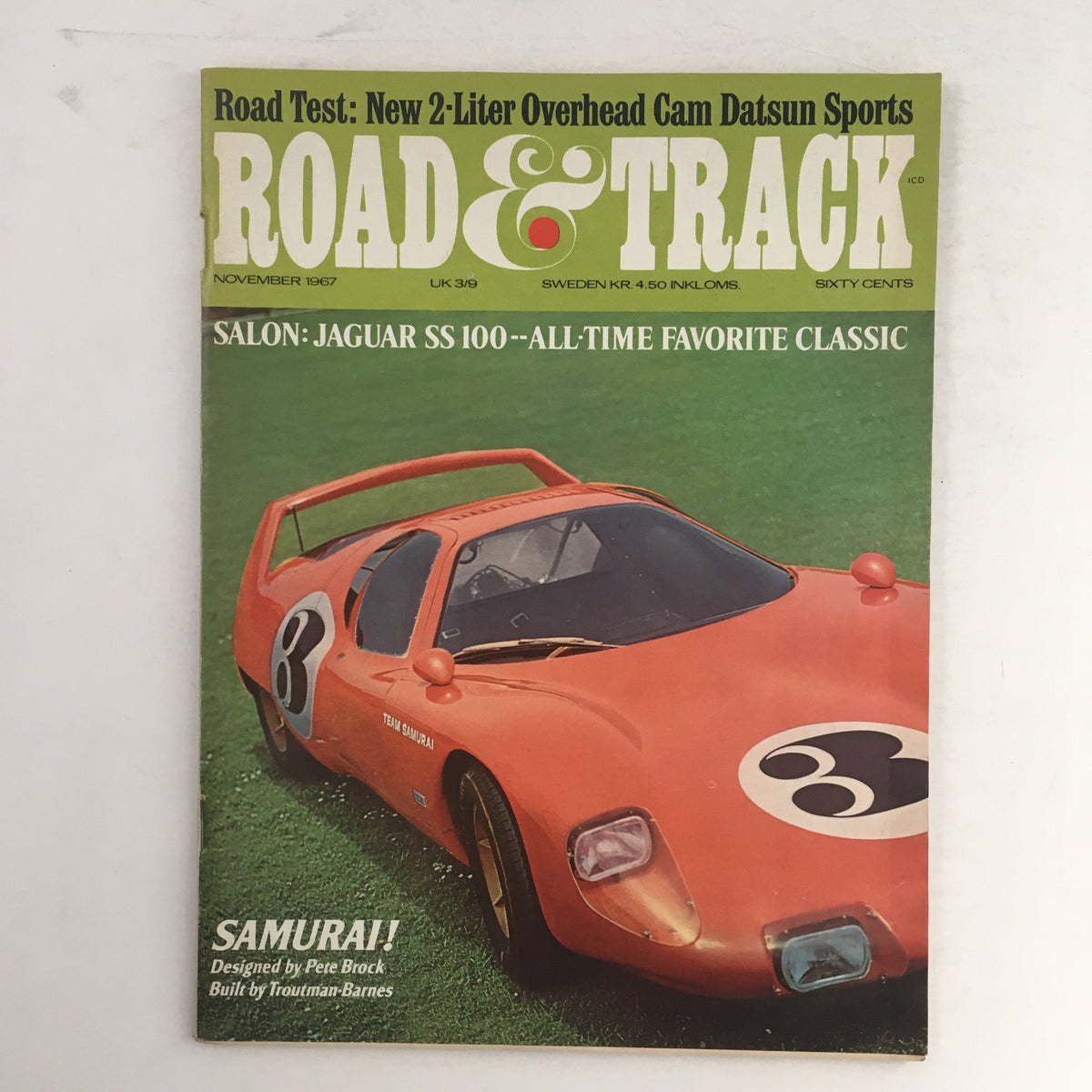 Road & Track Magazine November 1967 featuring the Jaguar SS 100 and Team Samurai on the cover, showcasing classic automotive design.