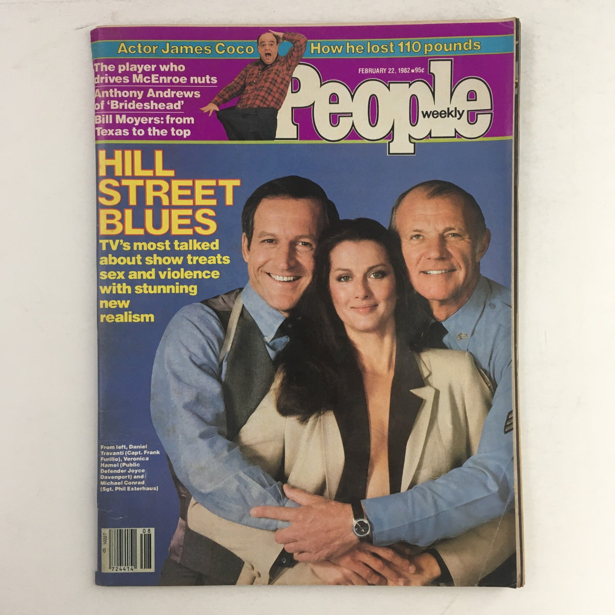 Cover of People Weekly Magazine dated February 22, 1982, featuring Daniel Travanti, Veronica Harmel, and other cast members of 'Hill Street Blues'. The cover highlights the show's focus on sex, violence, and realism in television.