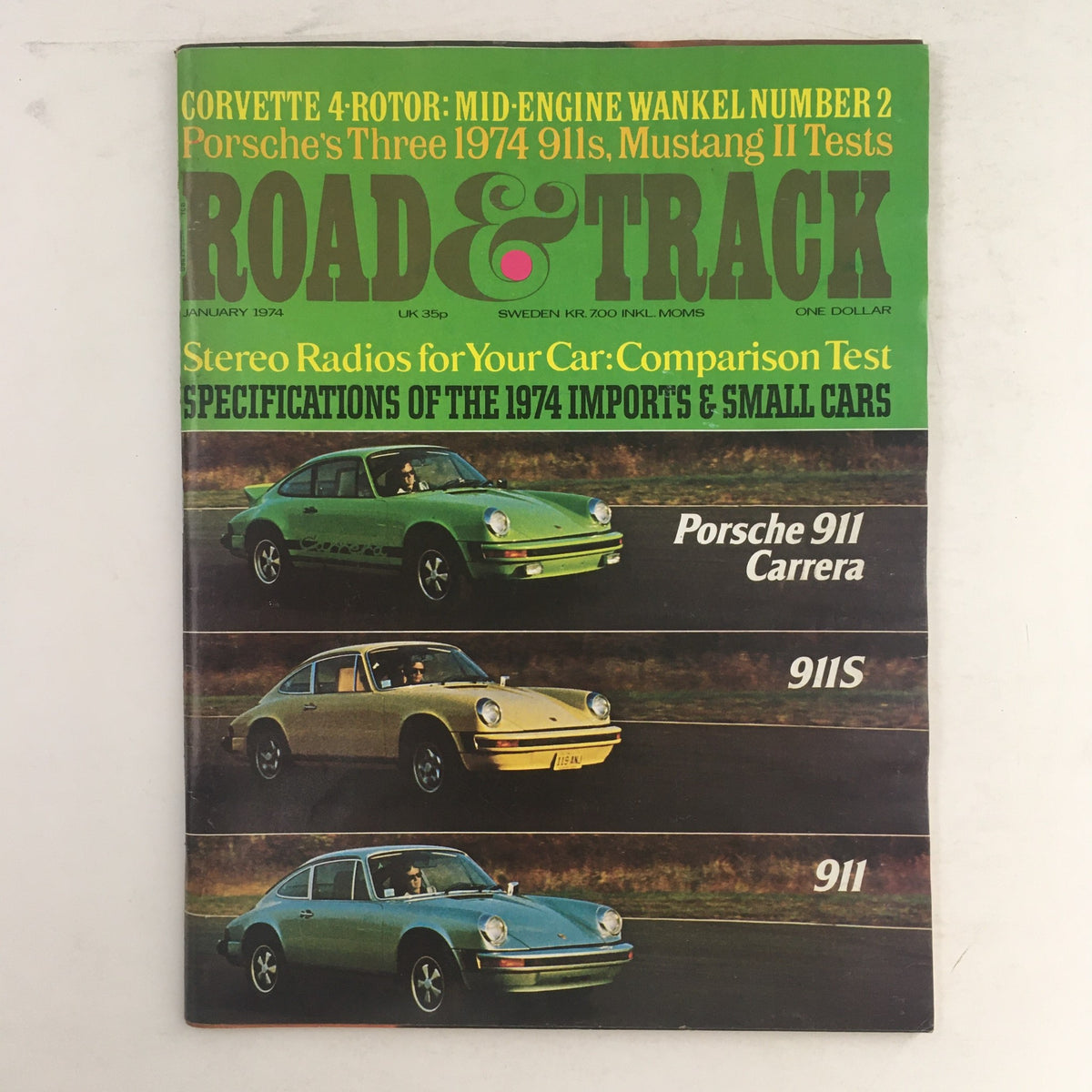 Road & Track Magazine January 1974 featuring the Porsche 911 Carrera, 911S, and 911 models on the cover with a green background, highlighting iconic vintage automobiles.