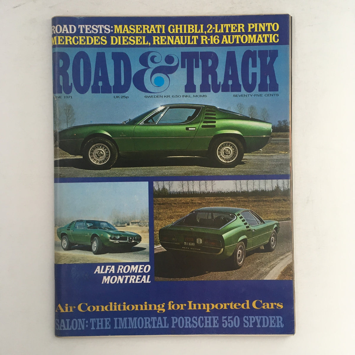 Road & Track Magazine June 1971 featuring the Alfa Romeo Montreal on the cover, showcasing a vintage automotive design with articles about classic cars.