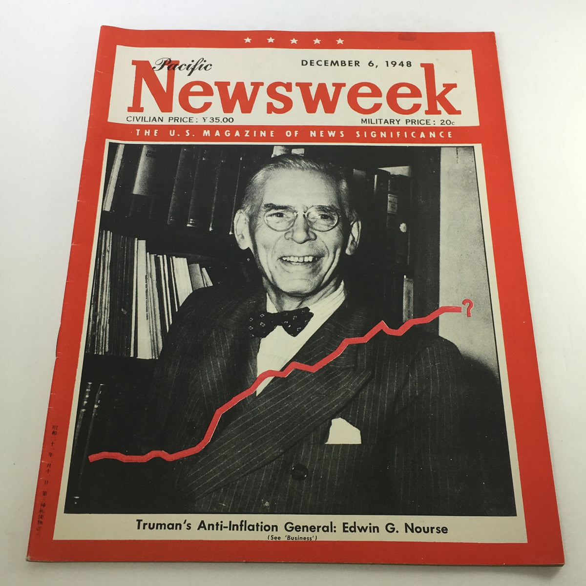 VTG Newsweek Magazine Cover December 6 1948 featuring Edwin G. Nourse, showcasing a significant historical moment with an image of Nourse smiling and a graph illustrating economic trends related to his role as Truman's Anti-Inflation General.