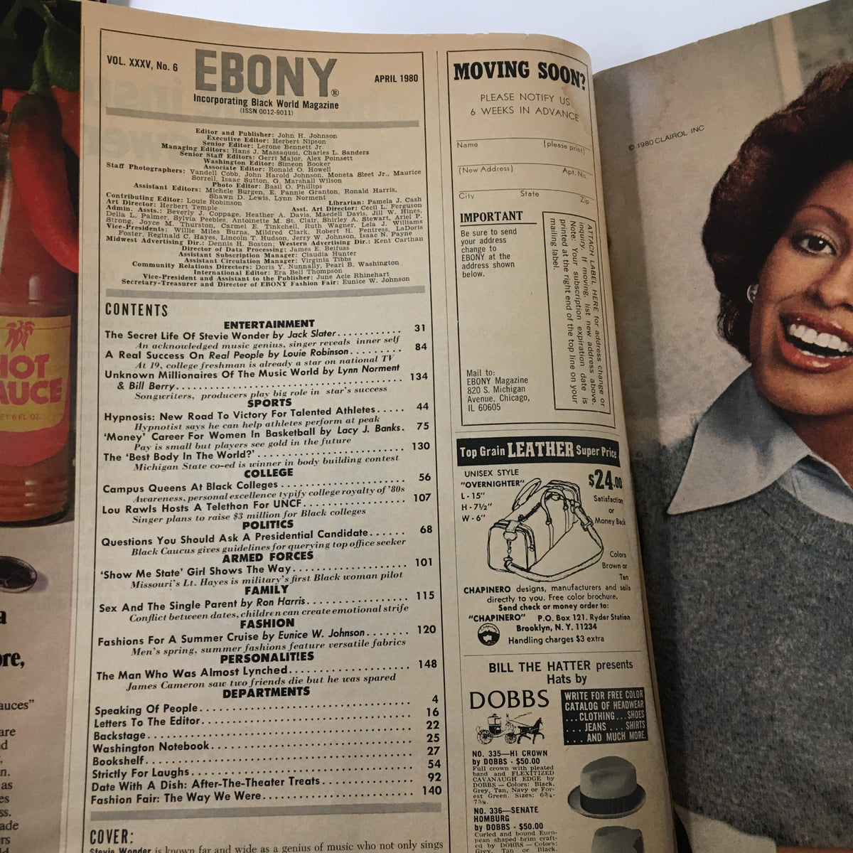 Inside page of Ebony Magazine, Volume 35, Number 6, April 1980, displaying the table of contents featuring articles including 'The Secret Life of Stevie Wonder'.