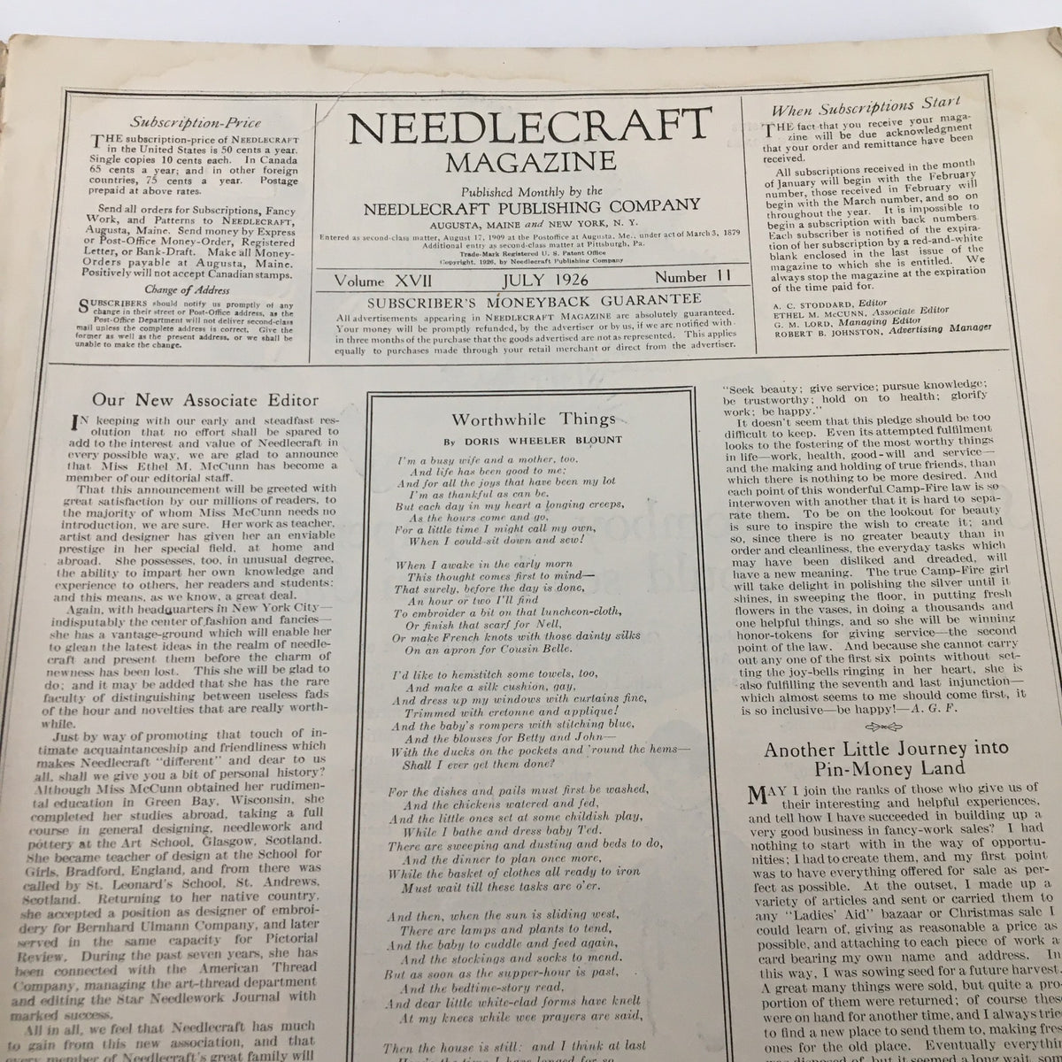 Inside page of VTG Needlecraft Magazine July 1926 displaying editorial content and insights from Doris Wheeler Blount, showcasing the magazine's historical context.