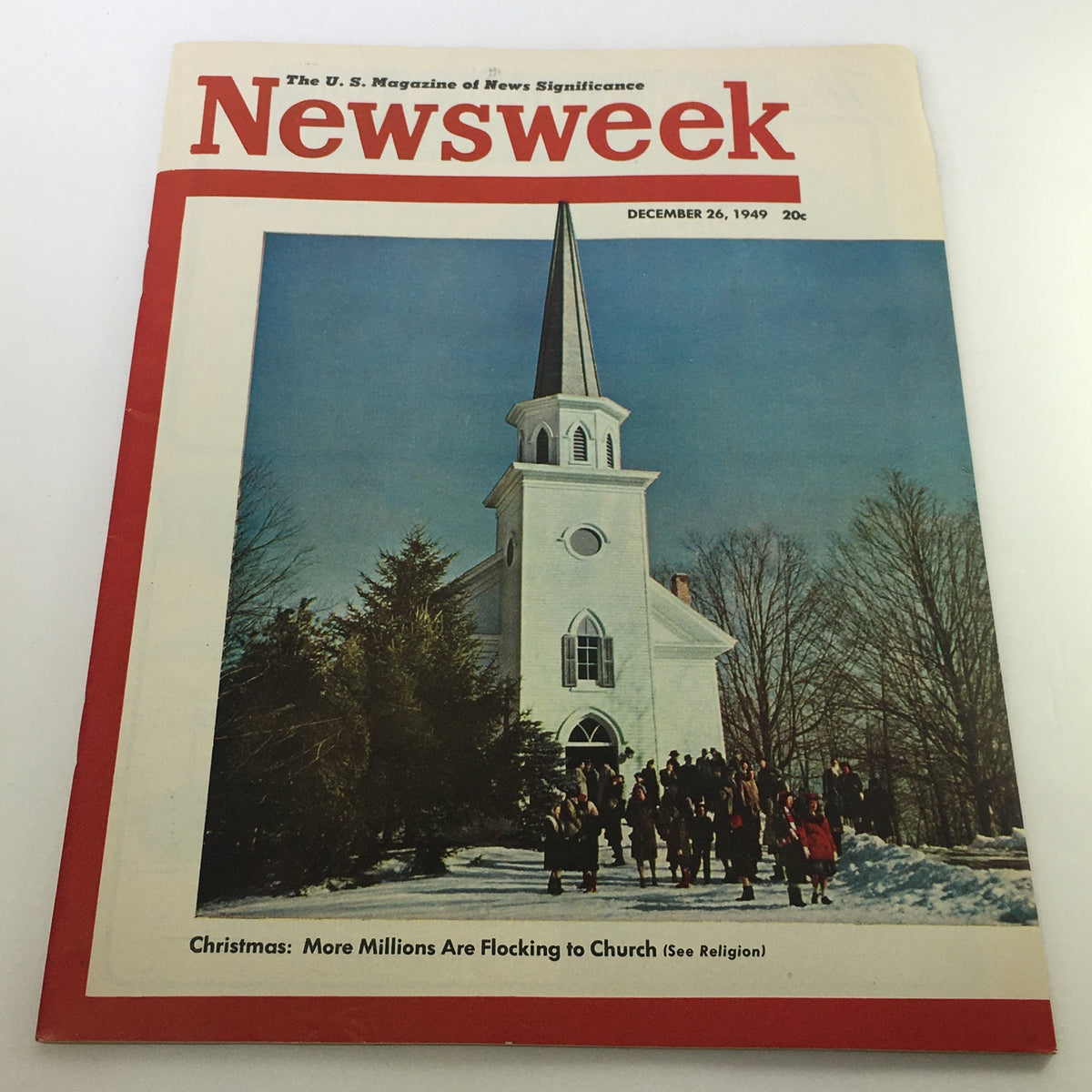 VTG Newsweek Magazine December 26 1949 cover featuring a winter scene with a white church and a crowd of people, highlighting the Christmas theme and the article on church attendance during the holiday.