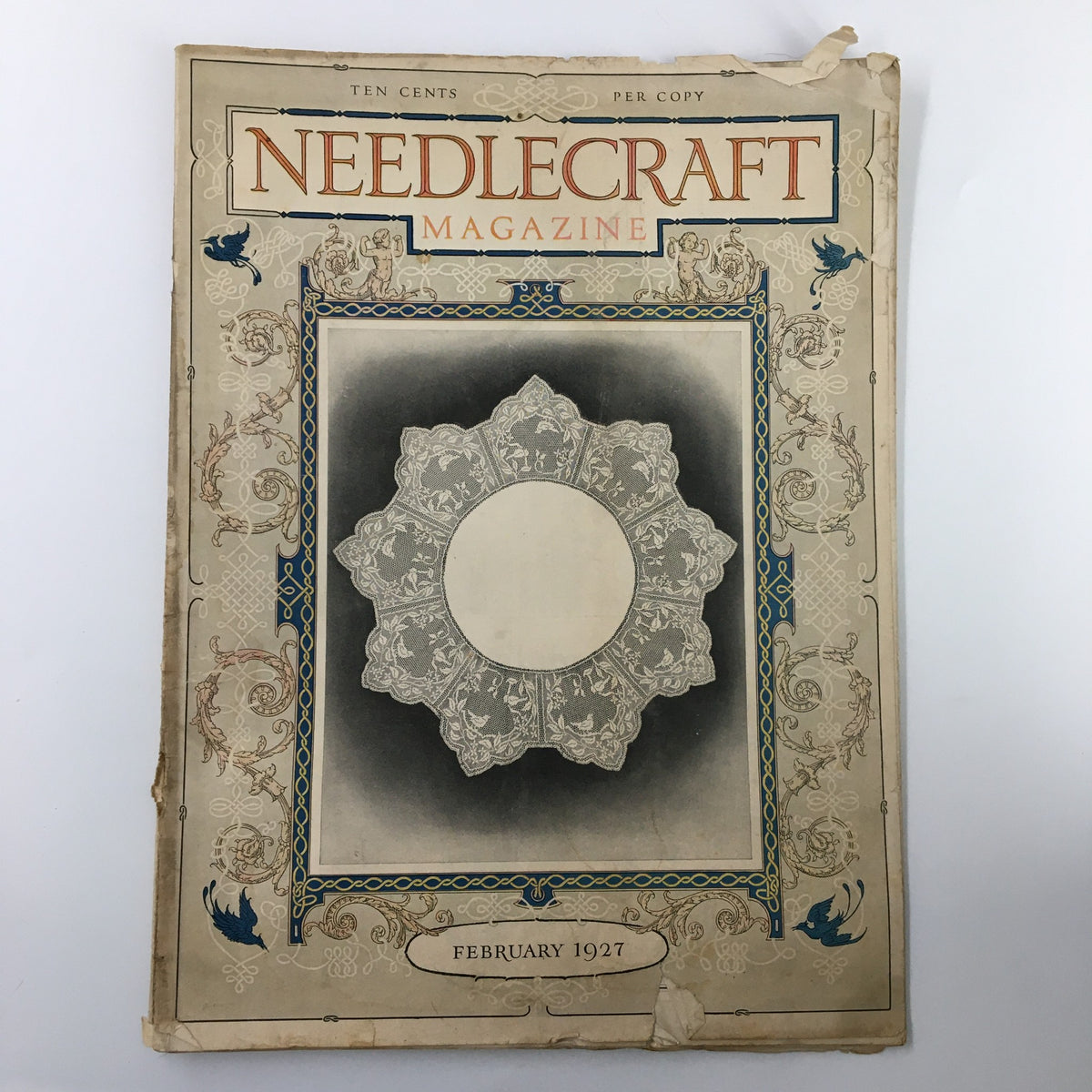 Cover of VTG Needlecraft Magazine February 1927 titled 'My Valentine' by Margaret Eytinge, showcasing intricate illustrations and vintage design elements.
