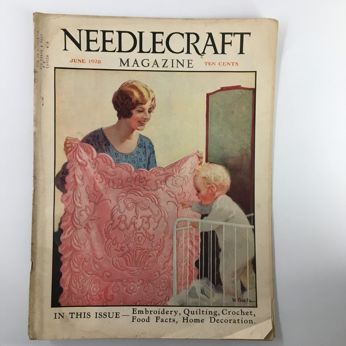 VTG Needlecraft Magazine June 1928 cover featuring a woman and child with embroidery quilt. This vintage magazine highlights embroidery, quilting, and crochet techniques.