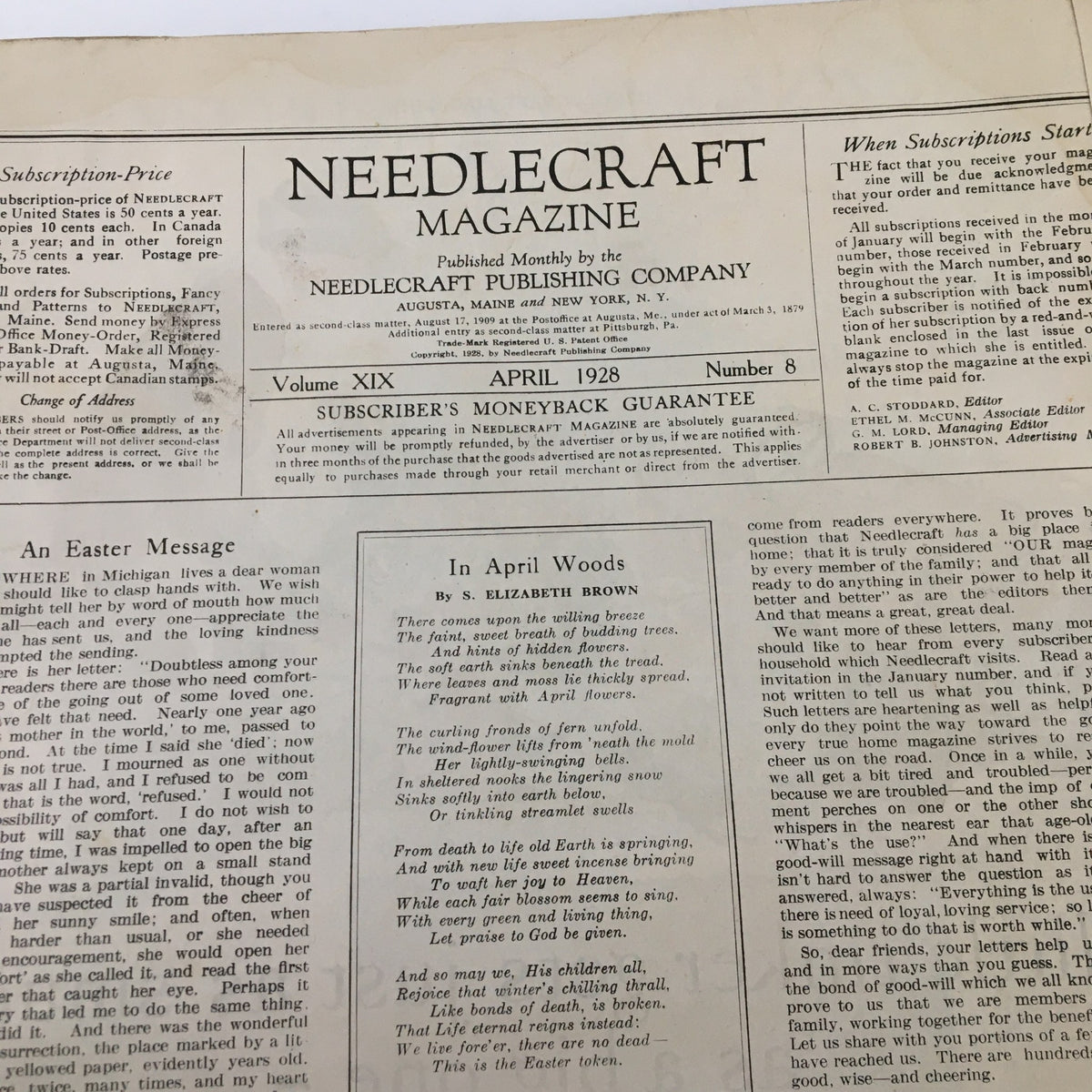 Inside page of VTG Needlecraft Magazine April 1928 Vol. 19 No. 8 displaying the table of contents and an article titled 'In April Woods' by Elizabeth.