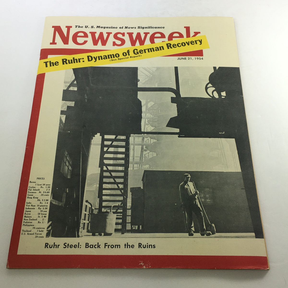 VTG Newsweek Magazine June 21 1954 featuring Ruhr Steel, showcasing a striking industrial cover with a worker and steel structures, representing post-war recovery in Germany.