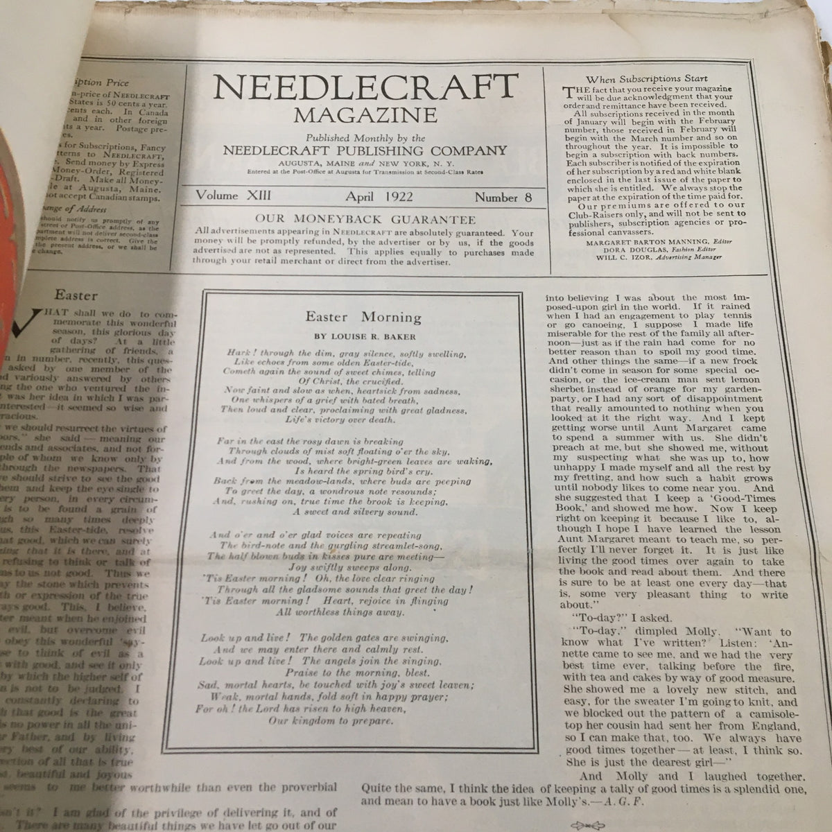 Inside page of the VTG Needlecraft Magazine April 1922 featuring the 'Easter Morning' poem by Louise Baker along with magazine details.