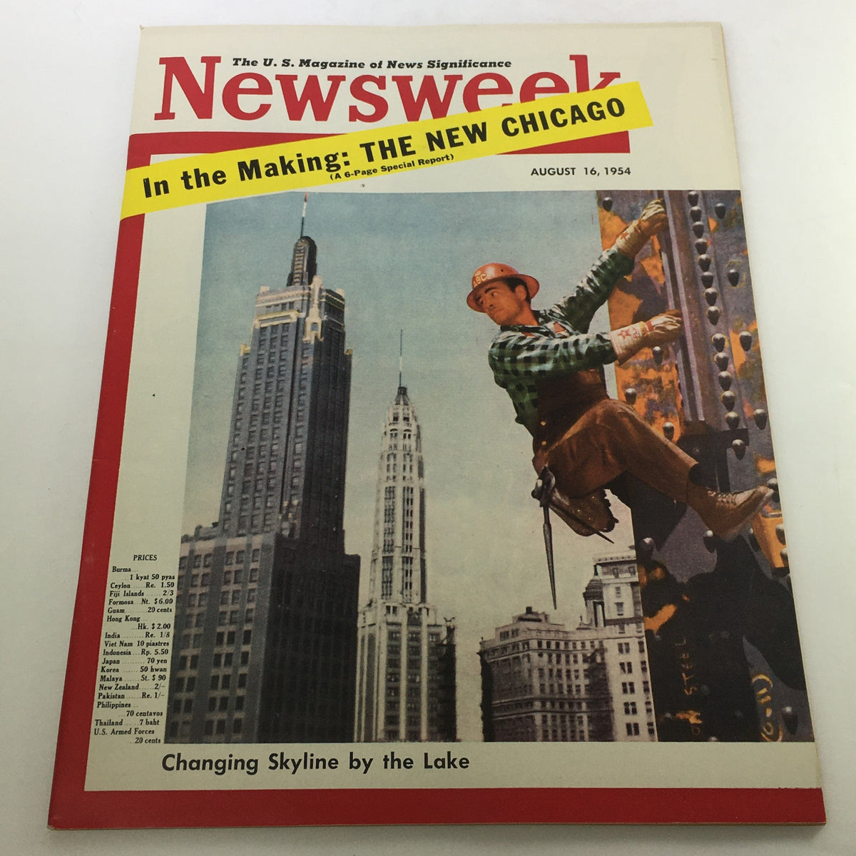 Cover of VTG Newsweek Magazine August 16 1954 featuring a construction worker on a skyscraper, highlighting 'Changing Skyline' theme focused on new developments in Chicago.
