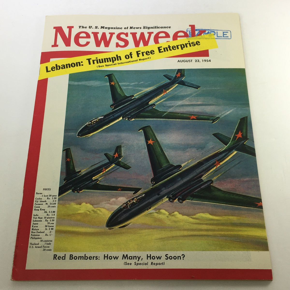 VTG Newsweek Magazine August 23 1954 featuring Red Bombers on the cover, showcasing aircraft flying over clouds.