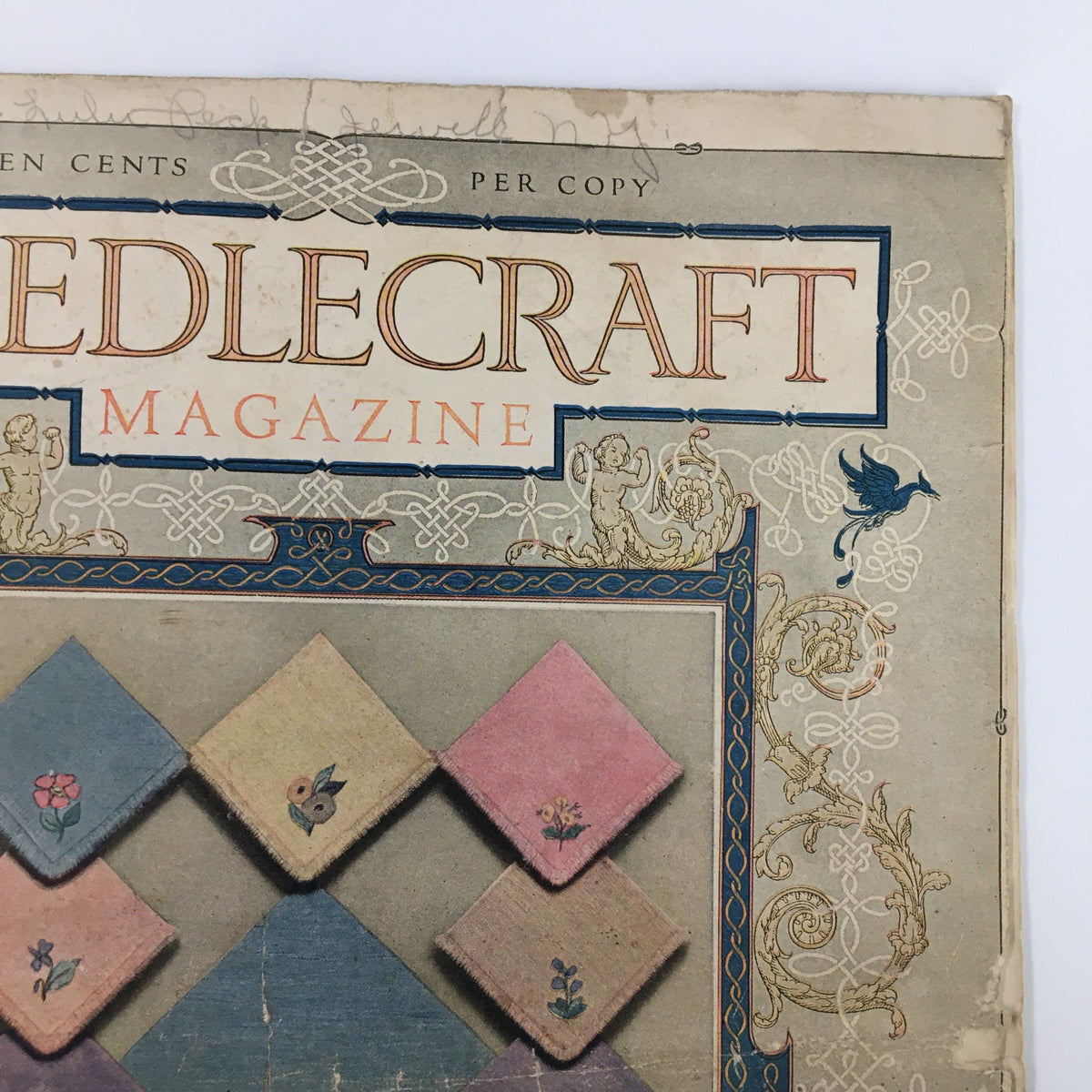 Prominent title from the VTG Needlecraft Magazine December 1924 Vol. 16 No. 4, with decorative elements and a charming vintage pattern.