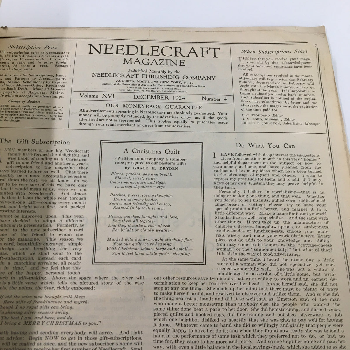 Interior page of the VTG Needlecraft Magazine December 1924 Vol. 16 No. 4, featuring the article titled 'A Christmas Quilt' and subscription details.