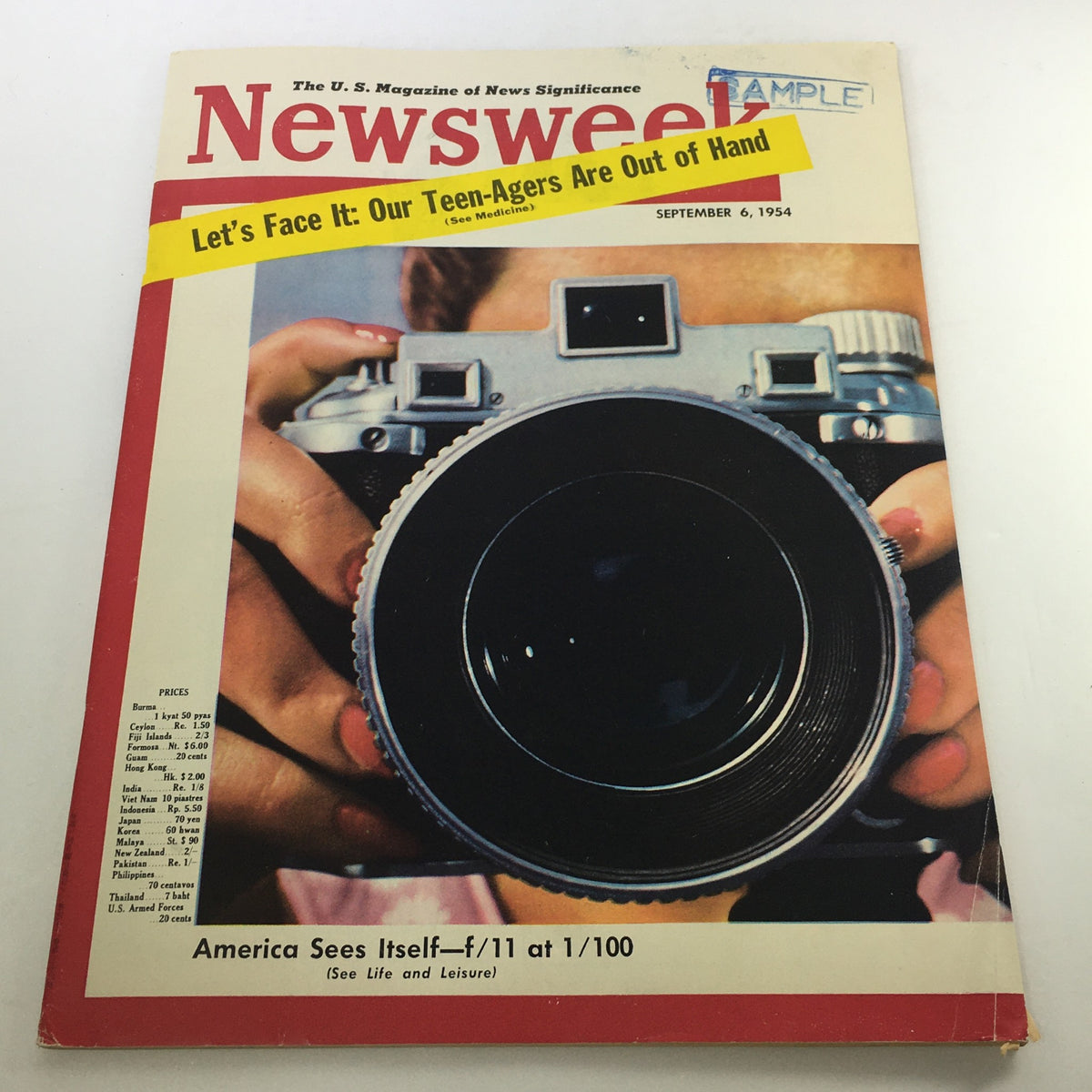 Cover of VTG Newsweek Magazine September 6 1954 featuring a vintage camera and the headline 'Let's Face It: Our Teen-Agers Are Out of Hand.' This newsstand edition showcases historic American culture in the 1950s.