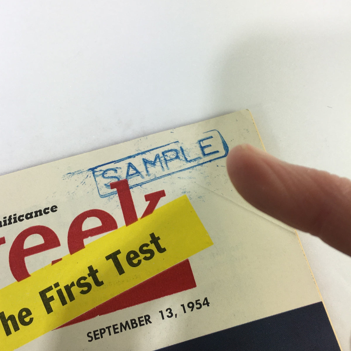 Close-up of the vintage Newsweek Magazine from September 13, 1954 showing the 'Sample' label and headline 'End of Segregation: The First Test.'