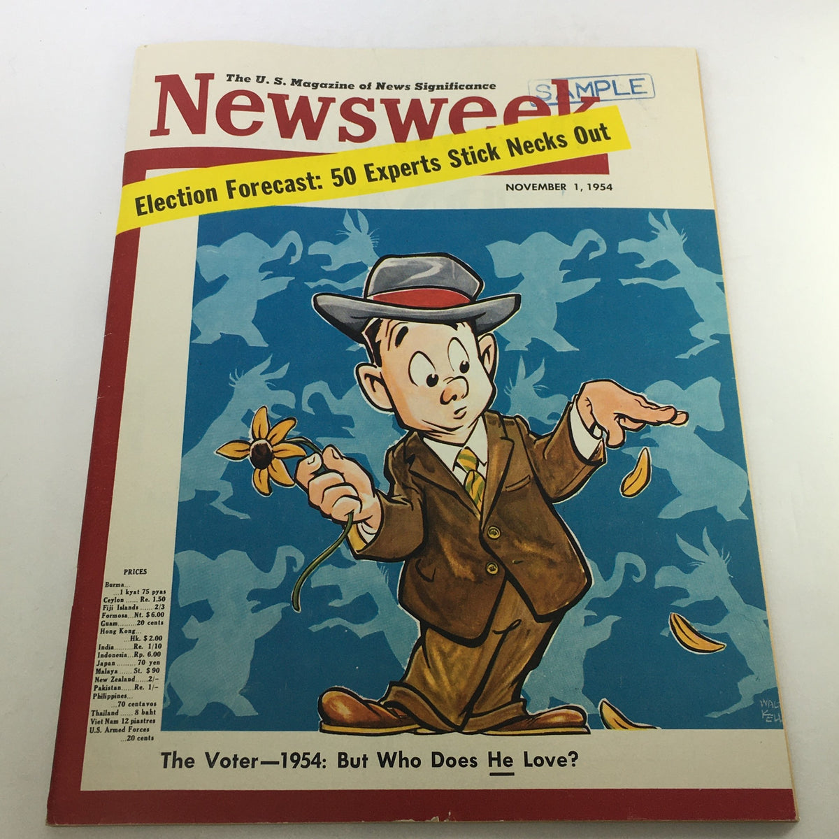 VTG Newsweek Magazine November 1 1954 cover featuring a cartoon character with a flower, titled 'The Voter - 1954: But Who Does He Love?' with bold headlines about election forecasts.