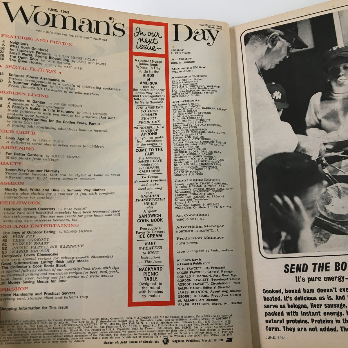 Inside view of VTG Woman's Day Magazine June 1963 showcasing table of contents and features including Summer Flower Arrangements, perfect for collectors and vintage design enthusiasts.