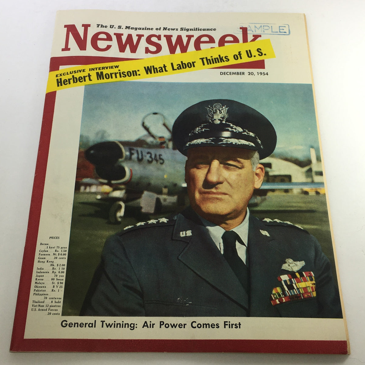 Cover of VTG Newsweek Magazine December 20, 1954 featuring General Nathan Farragut Twining in military uniform with an aircraft in the background, showcasing mid-century journalism.