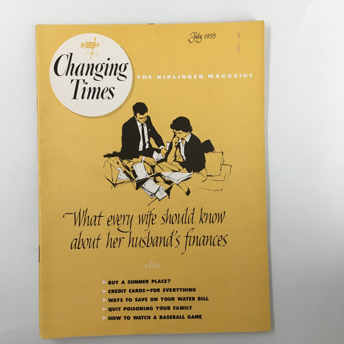 VTG Changing Times Magazine July 1955 cover featuring an illustration of two people discussing finances, with bold text highlighting saving on water bills and what every wife should know about household finances.