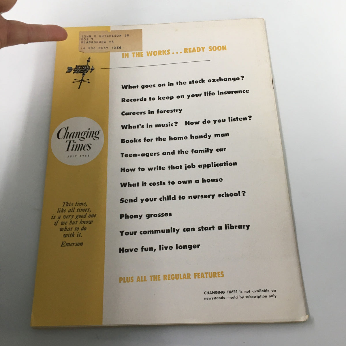 Back cover of the VTG Changing Times Magazine July 1955, showcasing additional articles planned for future issues and highlighting its vintage design.