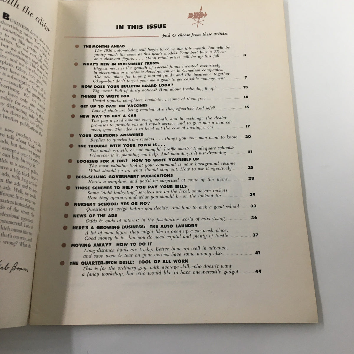 Table of contents from VTG Changing Times Magazine September 1955 outlining articles including budgeting schemes and investment trusts.