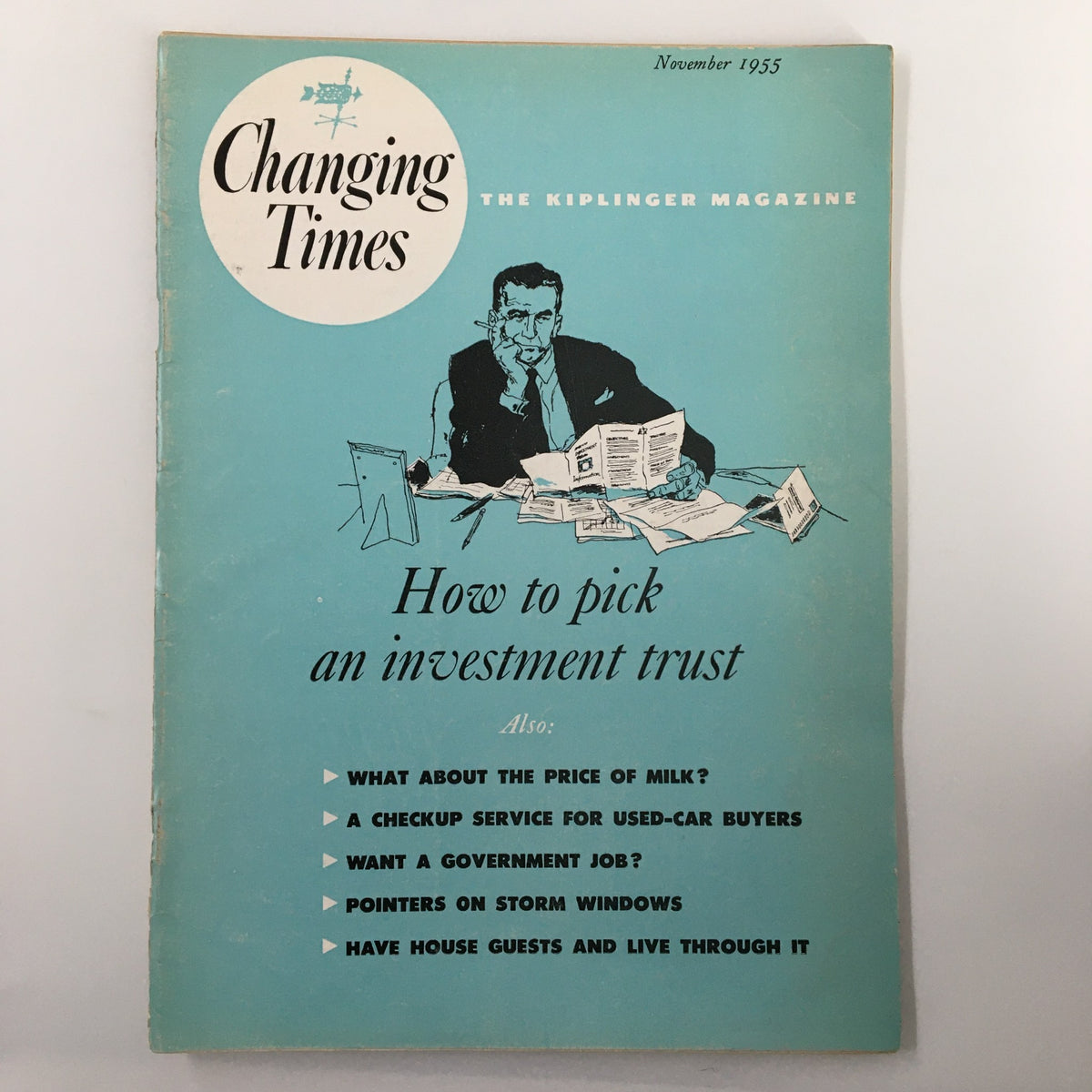 VTG Changing Times Magazine, November 1955 cover featuring the article 'How to pick an investment trust' alongside additional topics of interest.
