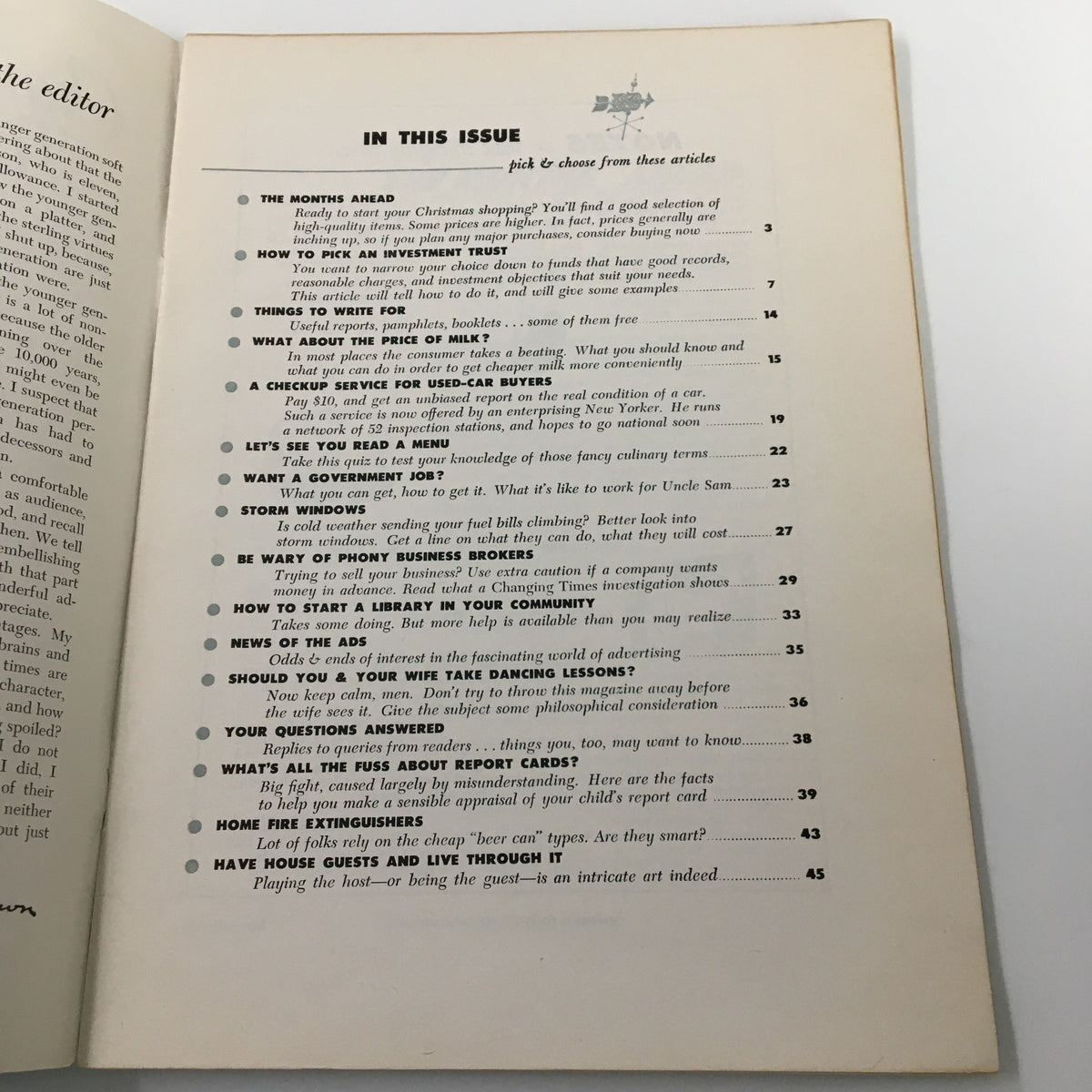 Inside page of VTG Changing Times Magazine from November 1955 displaying the table of contents with highlighted articles including 'How to pick an investment trust'.