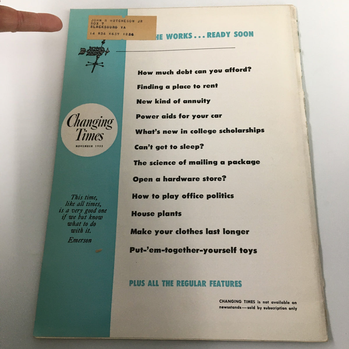 Back cover of VTG Changing Times Magazine, November 1955, showcasing upcoming topics and a previous owner's label.