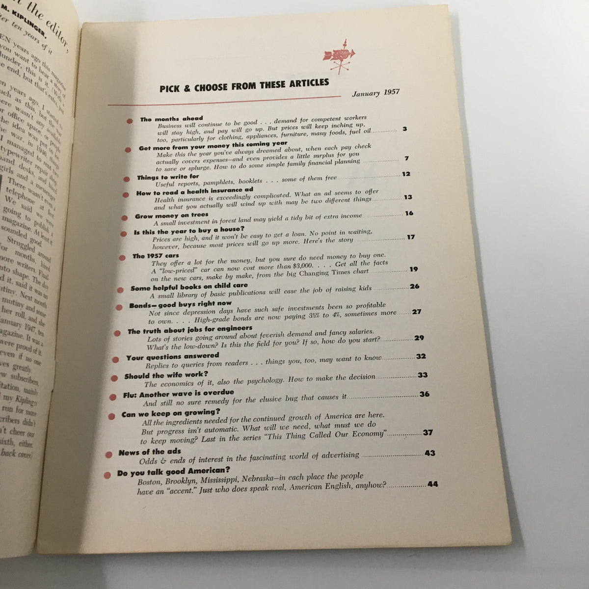Table of contents from VTG Changing Times Magazine January 1957, featuring articles on personal finance tips and economic insights.