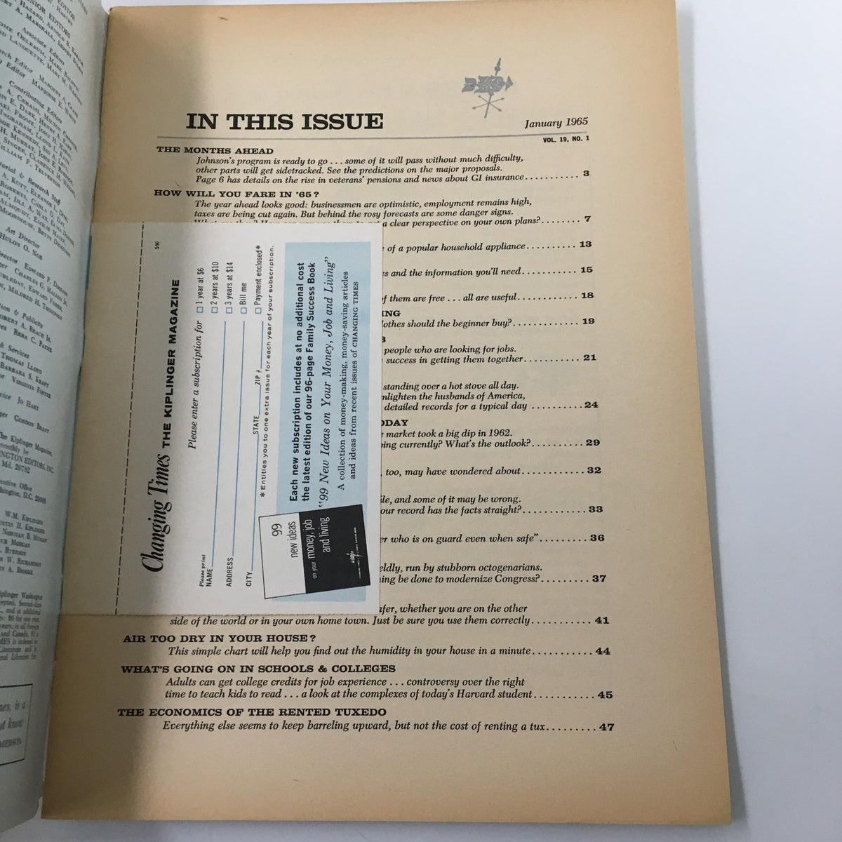 Inside page from January 1965 VTG Changing Times Magazine featuring the table of contents and an advertisement for magazine subscriptions.