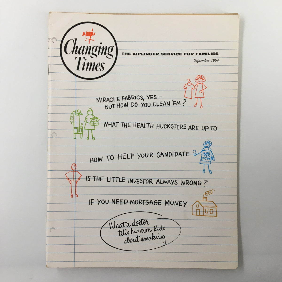 Cover of VTG Changing Times Magazine September 1964 featuring the headline 'What The Health Hucksters Are Up To' with colorful illustrations and various topics.