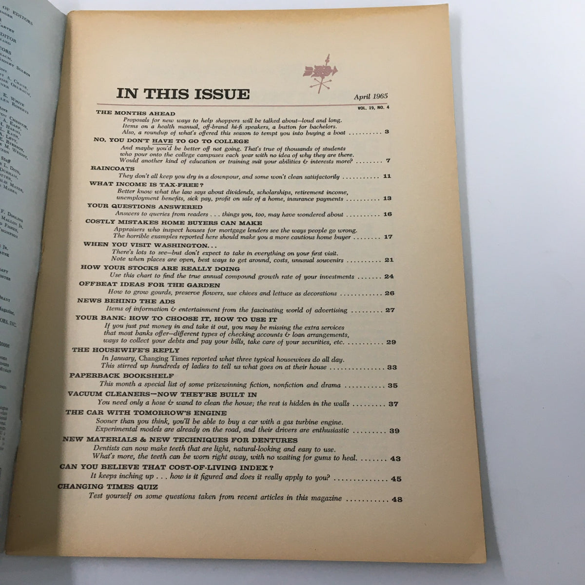 Contents page of VTG Changing Times Magazine April 1965, outlining articles including 'The Car with Tomorrow's Engine' and various financial tips for readers.
