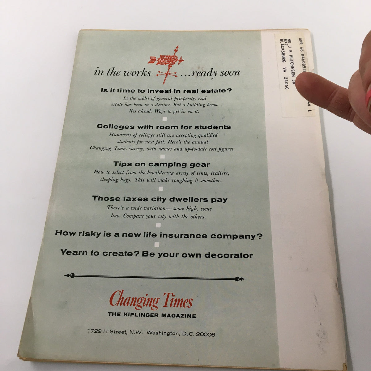 Back cover of VTG Changing Times Magazine April 1965 showcasing upcoming topics including investment advice, student housing, and camping gear recommendations.