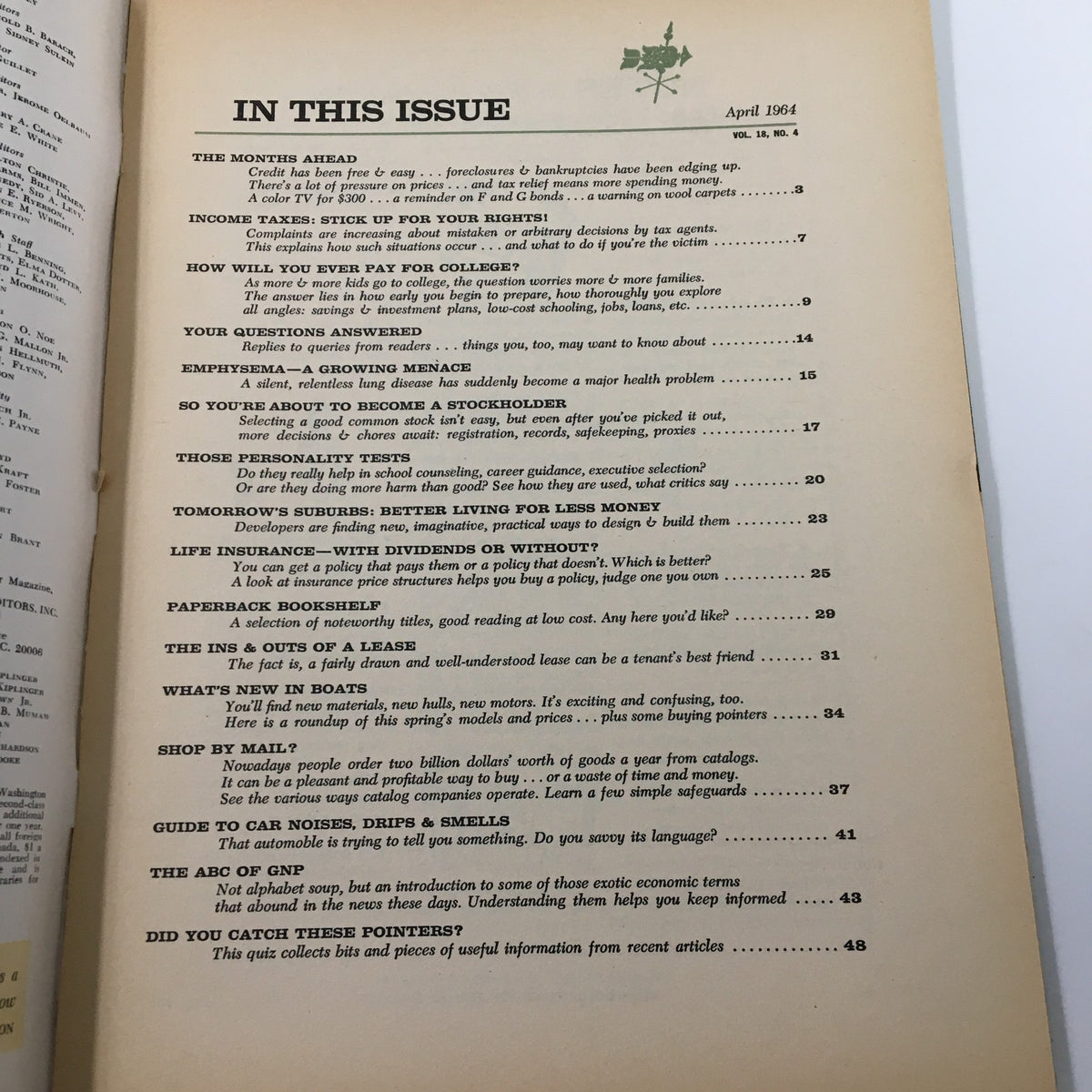 Table of contents for the April 1964 issue of Changing Times Magazine detailing various articles and topics including taxes, insurance, and personal finance.