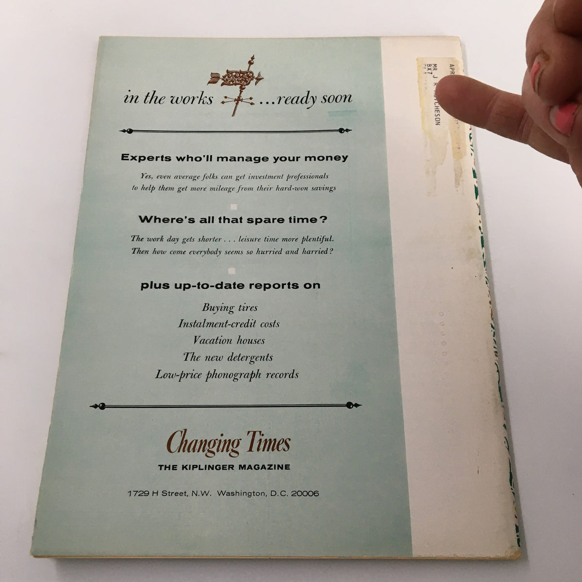 Back cover of the VTG Changing Times Magazine April 1964, featuring promotional content including financial management tips and various reports such as buying tires and vacation houses.